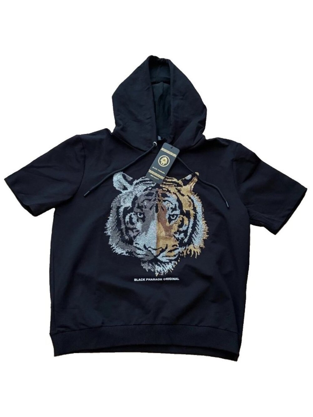 Black Pharaoh Original Tiger Face Women Size 3XL Sequin Short Sleeve Hoodie NWT